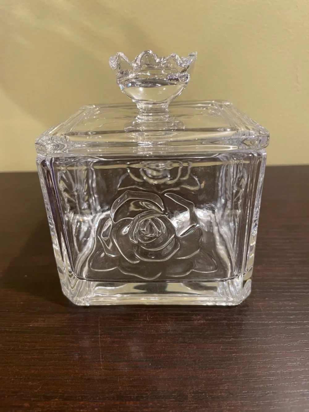 Clear Glass Rose and Butterfly Embossed Square Jar with Floral Lid
